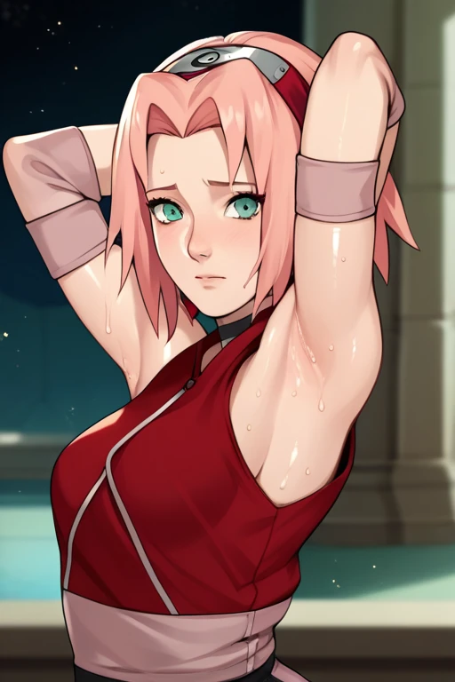 score_9,score_8_up,score_7_up,score_6_up,score_5_up,score_4_up BREAK skinny,choker,medium breasts,detached sleeves,outdoors,forest,shiny skin,bokeh,bloom,indoors,light particles,castle,space,1girl,haruno sakura,pink hair,short,hair,green eyes,forehead protector,armpits,arms up,armpit,sweaty armpit,arms behind head,awesome armpits,sweat,sweaty,exhausted,exhaustion