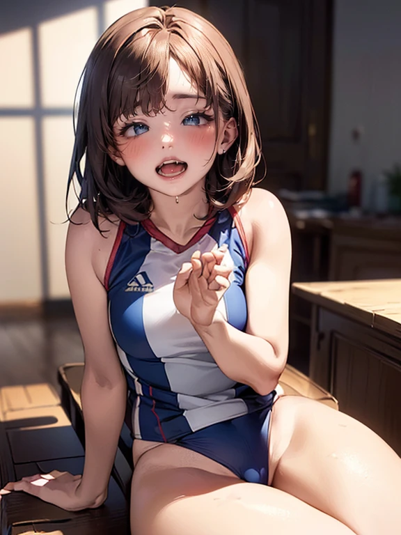 (Describe a moment in an adult anime), ((Round Face, Eye size realistic, Drooping eyes, blush, Smile of shame, Open your legs slightly)), (((Standing on the corner of the table,Sitting on the corner of the table,Hit her crotch with your hands,Enjoyment, ecstasy, Sportswear, Distorted her body))),