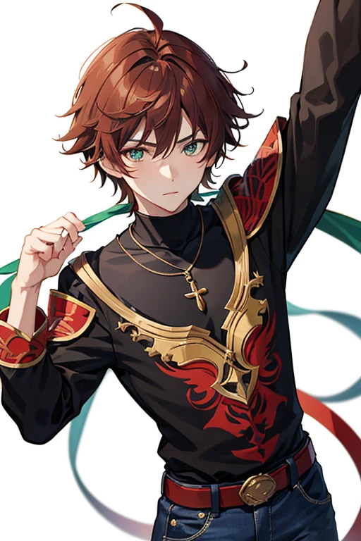 Kazuha from Genshin Impact, boy, , reddish brown hair, green eyes, open black vest, blue t-shirt, necklace with a golden cross, blue jeans, looking in profile directly at viewer, white background