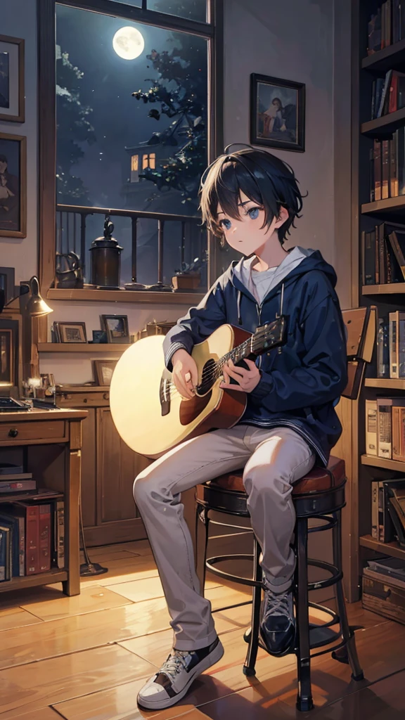 A boy playing guitar in his study under the moonlight