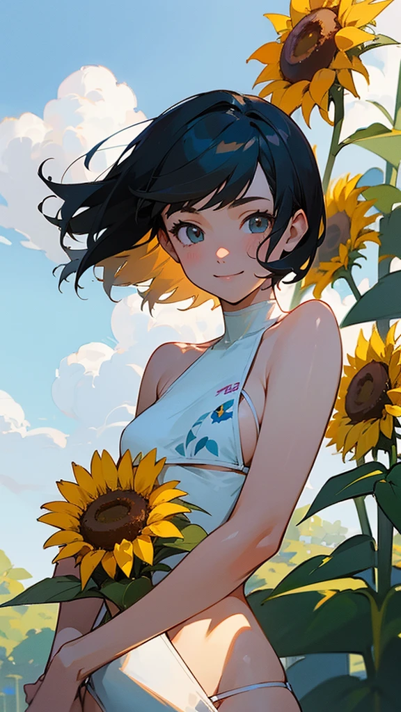  master piece, best quality, for below, cinematic angle, upper body , pigeon toed,  
Anime-style Moe illustration, summer vacation theme, 20-year-old 4womans holding a bouquet of sunflowers, short hair, Micro bikini, slightly inner thighs, smile, accurate drawing, Active pose,