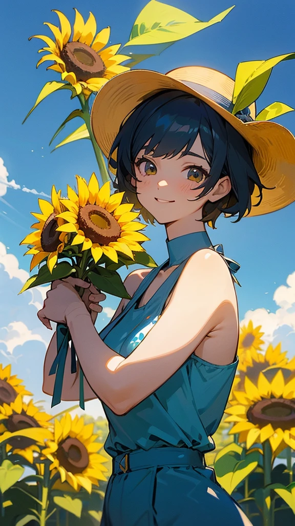 master piece, best quality, for below, cinematic angle, upper body , pigeon toed,  
Anime-style Moe illustration, summer vacation theme, 20-year-old 4womans holding a bouquet of sunflowers, short hair, Micro bikini, slightly inner thighs, smile, accurate drawing, Active pose,