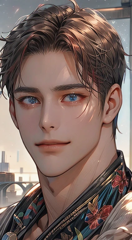 (best quality,4k,8k,highres,masterpiece:1.2),ultra-detailed,(realistic,photorealistic,photo-realistic:1.37),1 man,31 years old,mature man,very handsome,without expression,smile,short grey red hair,blue eyes,penetrating gaze,perfect face without errors,imposing posture,businessman,office background,cinematic lighting,hdr image