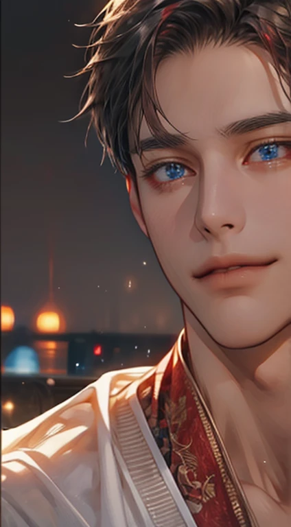 (best quality,4k,8k,highres,masterpiece:1.2),ultra-detailed,(realistic,photorealistic,photo-realistic:1.37),1 man,31 years old,mature man,very handsome,without expression,smile,short grey red hair,blue eyes,penetrating gaze,perfect face without errors,imposing posture,businessman,office background,cinematic lighting,hdr image