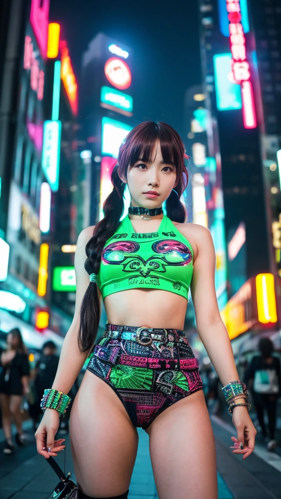 masterpiece, Highest quality, Wear unique Harajuku style clothing,The mint green colour stands out,Bold colors and patterns, Eye-catching accessories, Trendy and innovative hairstyles, Bright makeup, Dazzling cyberpunk cityscapes, Skyscraper, Neon Signs, LED Light, Bright and vivid color scheme, anime, shape, Fine skin, High quality fabric, Intricate details, Very detailed,Low - Angle, whole body, vision(avert your eyes:1.4),Dynamic pose、Hand holding a sword、With a sword in hand.