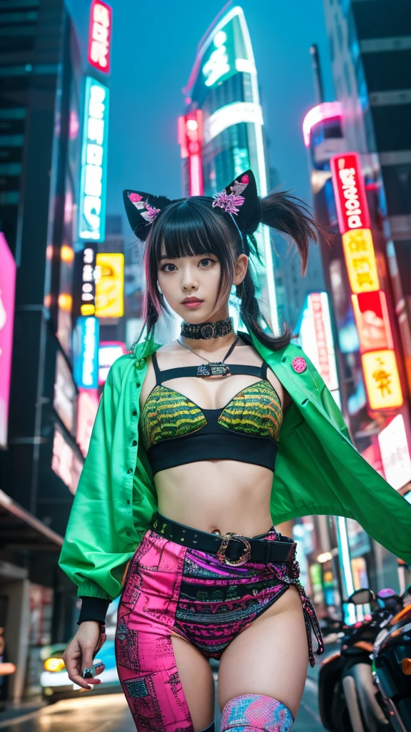 masterpiece, Highest quality, Wear unique Harajuku style clothing,The mint green colour stands out,Bold colors and patterns, Eye-catching accessories, Trendy and innovative hairstyles, Bright makeup, Dazzling cyberpunk cityscapes, Skyscraper, Neon Signs, LED Light, Bright and vivid color scheme, anime, shape, Fine skin, High quality fabric, Intricate details, Very detailed,Low - Angle, whole body, vision(avert your eyes:1.4),Dynamic pose、Hand holding a sword、With a sword in hand.