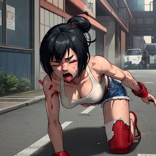 a bloody beautiful young Japanese female streetfighter is beated down in the backstreet. a male streetfighter is standing behind her. Blood is dripping from her nose. She is covered in scars and bruises. She's on all fours. she is damaged terribry. she was defeated. she lost the fight. she was knocked out. Short-cut black hair, out of breath, drooling from mouth, crying, exhausted, drenched in sweat. one eye closed, Erect nipples. open finger glove. denim shorts, sports-bra