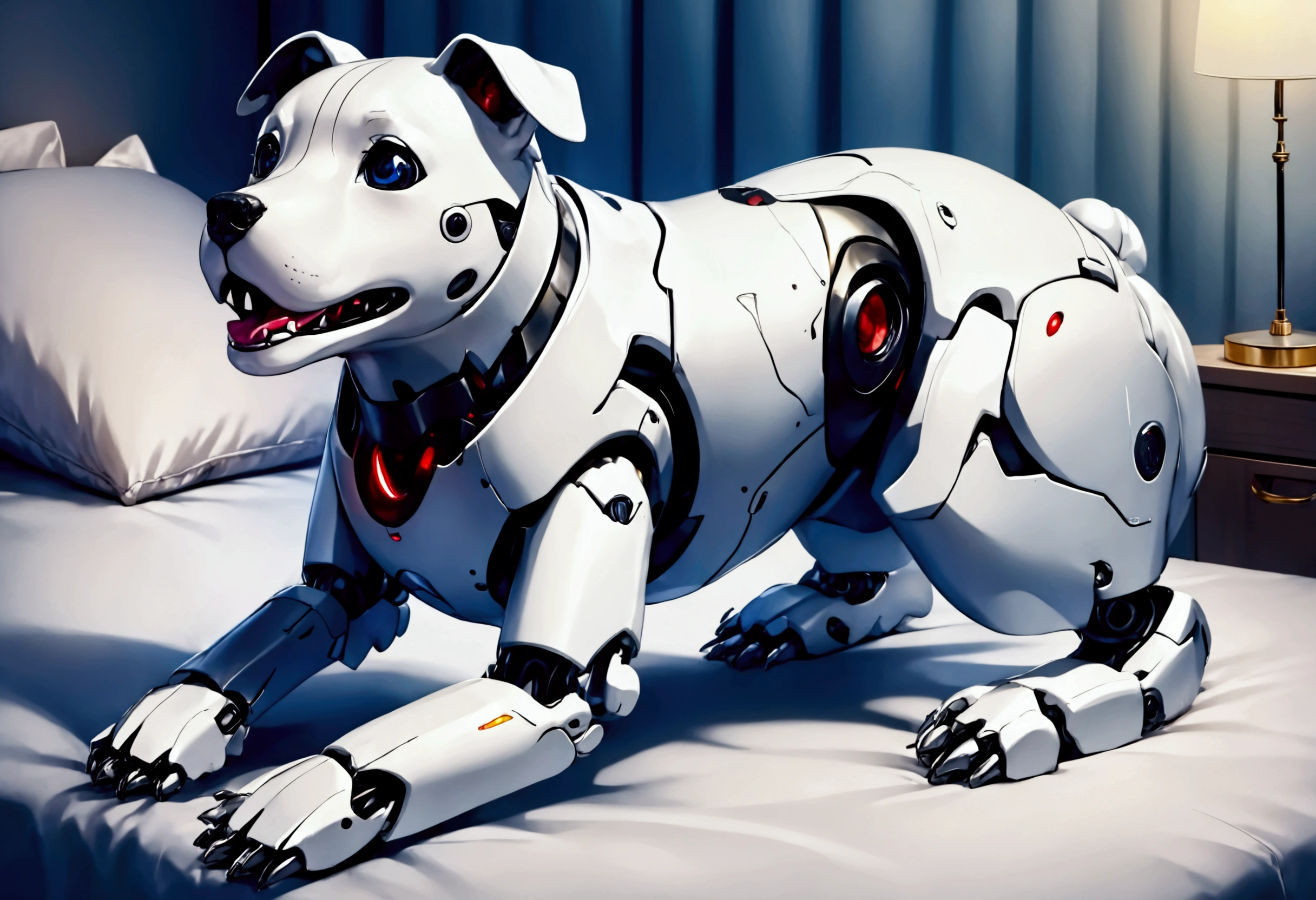A happy obviously mechanical robot dog designed for children to play with, bedroom