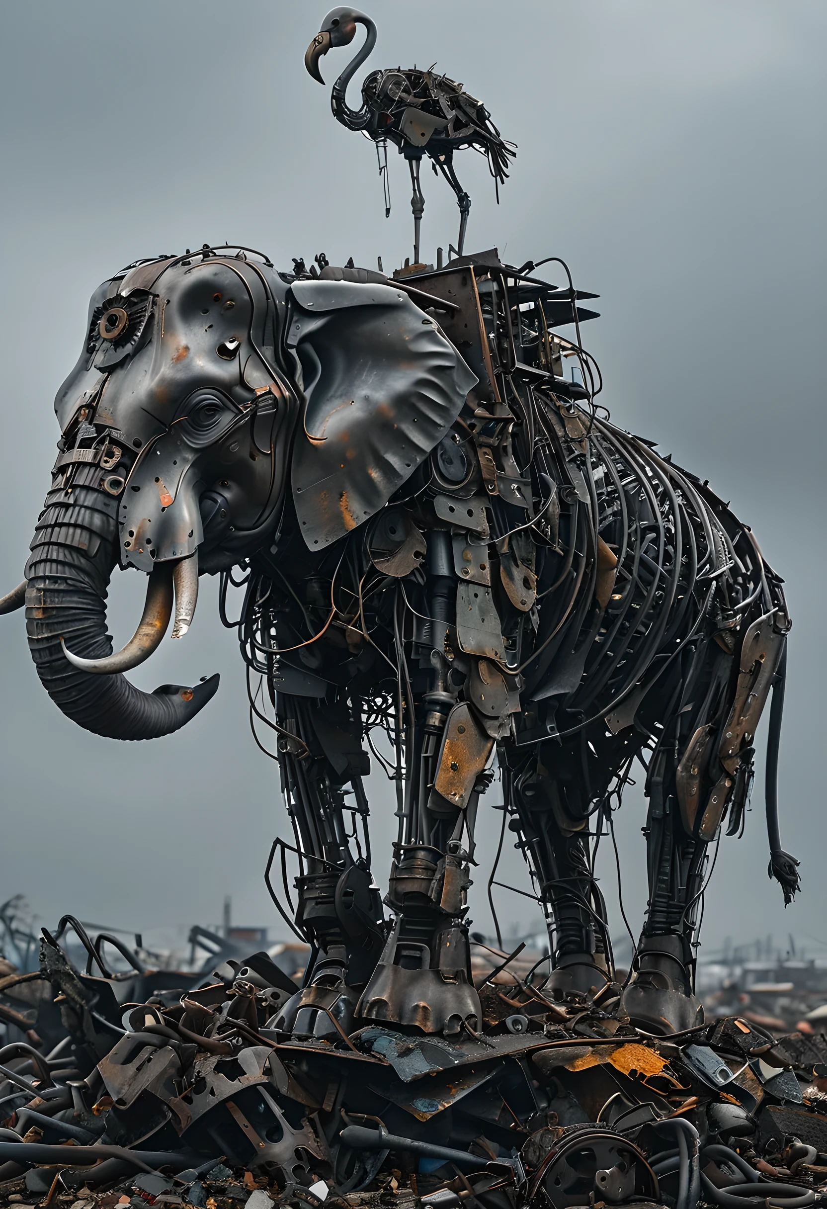 A towering, intricately constructed mechanical Elephant standing atop a mound of discarded metal and debris, flamingo appears to be made of various metal parts, wires, tools, giving it a skeletal and mechanical appearance, background is overcast, adding a somber and post-apocalyptic scene, ruined town, 