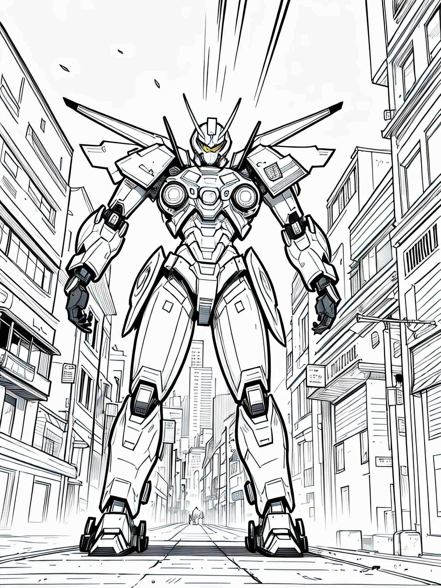 masterpiece, Best Quality, A mecha in a city, closeup Line art, monochrome, clean lines, black and white, his summer, coloring book page, primer plano
