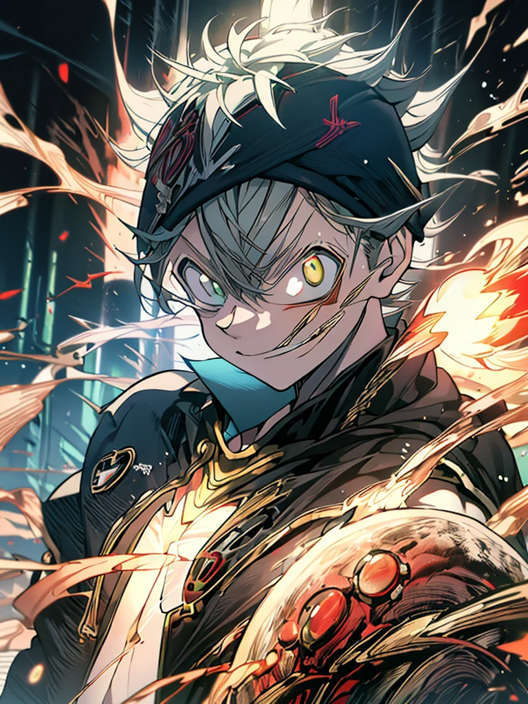 1boy, Asta, gray hair, green eyes, short hair, black hair band, black clothes, Smiling, Focus on the face, Upper body, (((black lightning, red lightning)))