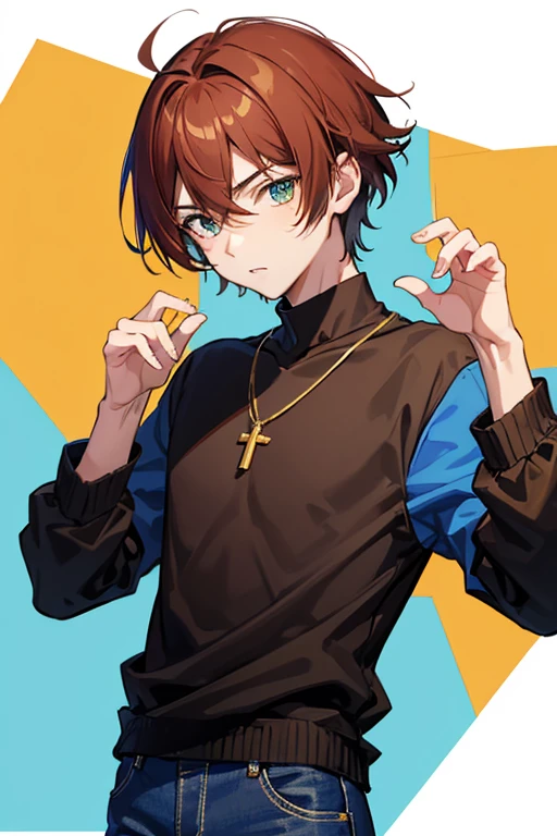 Kazuha from Genshin Impact, boy, 16 years old, reddish brown hair, green eyes, open black vest, blue t-shirt, necklace with a golden cross, blue jeans, looking in profile directly at viewer, white background