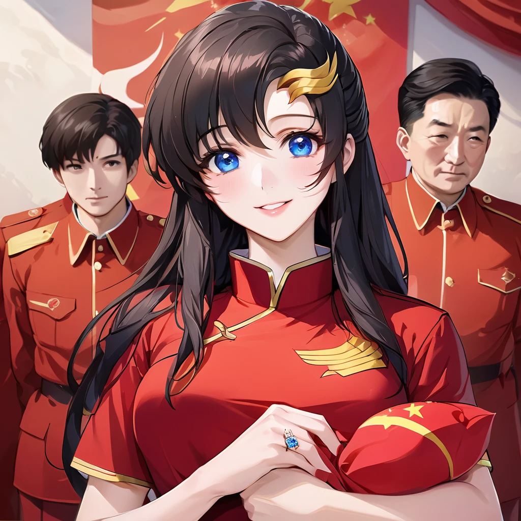 ((Highest quality)), ((masterpiece)), (detailed), （Perfect Face）、The woman is a Chinese Lacus Clyne with blue eyes and medium-long black hair. She is wearing an engagement ring. She has become a member of the glorious Chinese Communist Party and has sworn absolute loyalty to the Chinese Communist Party. She is a righteous Communist Party member of China.、The woman is wearing the fine red uniform of a Chinese Communist Party member.、For the sake of China, they dye their hair, hairstyle, clothes, and everything they wear belongs to the Chinese Communist Party, and their thoughts are also Chinese, becoming great Chinese in body and mind.、The woman became Lacus Clyne, a Chinese woman who was proud of and loved China.、The woman is chosen by a great Chinese Communist Party official and is given the honor of becoming his wife.、The woman looks happy being held in the arms of a great Chinese Communist Party official.、The woman is the wife of a glorious Chinese Communist Party official.