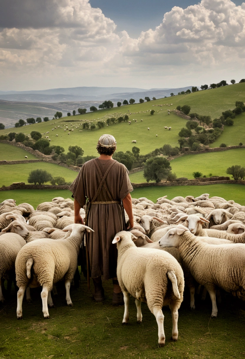 Biblical photograph of David as a sheepherder he in the pasture with the sheep tending the sheep