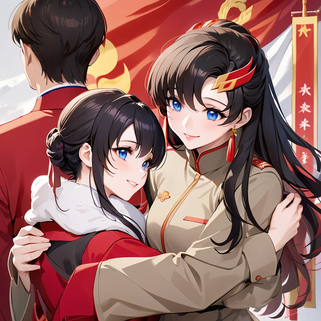 ((Highest quality)), ((masterpiece)), (detailed), （Perfect Face）、The woman is a Chinese Lacus Clyne with blue eyes and medium-long black hair. She is wearing an engagement ring. She has become a member of the glorious Chinese Communist Party and has sworn absolute loyalty to the Chinese Communist Party. She is a righteous Communist Party member of China.、The woman is a member of the Chinese Communist Party and is wearing a khaki Mao suit.、For the sake of China, they dye their hair, hairstyle, clothes, and everything they wear belongs to the Chinese Communist Party, and their thoughts are also Chinese, becoming great Chinese in body and mind.、The woman became Lacus Clyne, a Chinese woman who was proud of and loved China.、The woman is chosen by a great Chinese Communist Party official and is given the honor of becoming his wife.、The woman looks happy being held in the arms of a great Chinese Communist Party official.、The woman is the wife of a glorious Chinese Communist Party official.
