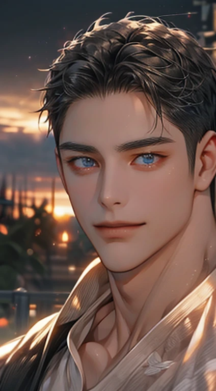 (best quality,4k,8k,highres,masterpiece:1.2),ultra-detailed,(realistic,photorealistic,photo-realistic:1.37),1 man,31 years old,mature man,very handsome,without expression,smile,short grey black hair,blue eyes,penetrating gaze,perfect face without errors,imposing posture,businessman,office background,cinematic lighting,hdr image