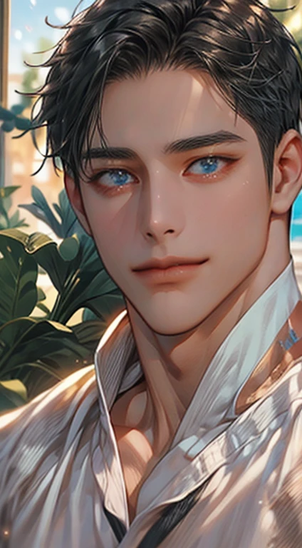 (best quality,4k,8k,highres,masterpiece:1.2),ultra-detailed,(realistic,photorealistic,photo-realistic:1.37),1 man,31 years old,mature man,very handsome,without expression,smile,short grey black hair,blue eyes,penetrating gaze,perfect face without errors,imposing posture,businessman,office background,cinematic lighting,hdr image
