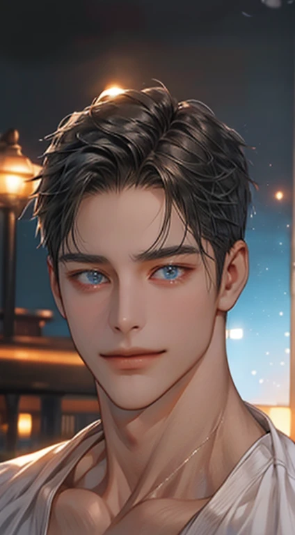 (best quality,4k,8k,highres,masterpiece:1.2),ultra-detailed,(realistic,photorealistic,photo-realistic:1.37),1 man,31 years old,mature man,very handsome,without expression,smile,short grey black hair,blue eyes,penetrating gaze,perfect face without errors,imposing posture,businessman,office background,cinematic lighting,hdr image