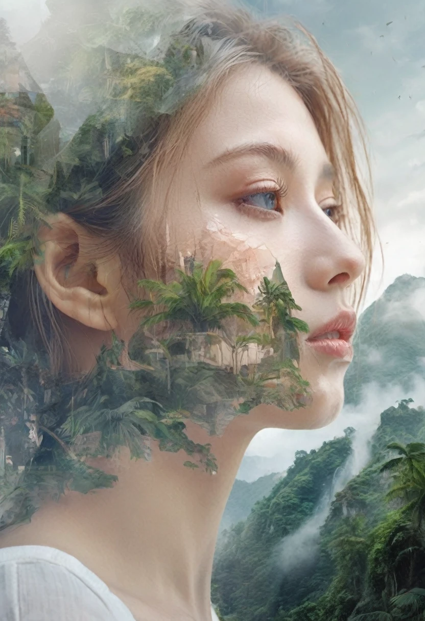 Dubrec style, Girl more transparent face, side view, more close-up, beautiful close-up of transparent and faded face, Dense Jungle Mountains with waterfall image foreground (multiple exposure：1.8），Complex illustrations in surrealist art style, Surreal dreams. woman with beautiful eyes, should be side view, detailed lips, and long eyelashes, surrounded by lush jungle mountains in the foreground, multiple exposure effect, complex surrealist style illustration, surreal dreamlike atmosphere, cinematic lighting, highly detailed, hyper realistic, 8k, masterpiece, Dubrec style，Girl transparent face close-up，Beautiful close-up of face，Jungle Mountains image foreground (multiple exposure：1.8），Complex illustrations in surrealist art style，Surreal dreams