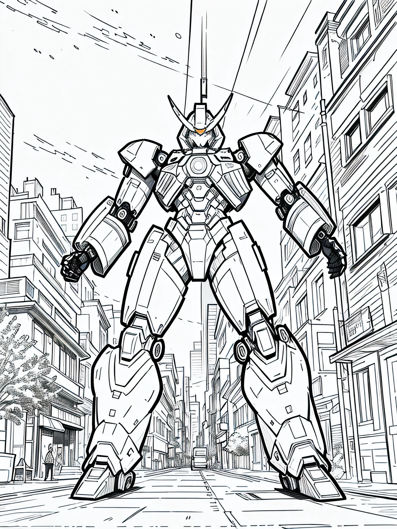 masterpiece, Best Quality, A mecha in a city, closeup Line art, monochrome, clean lines, black and white, his summer, coloring book page, primer plano