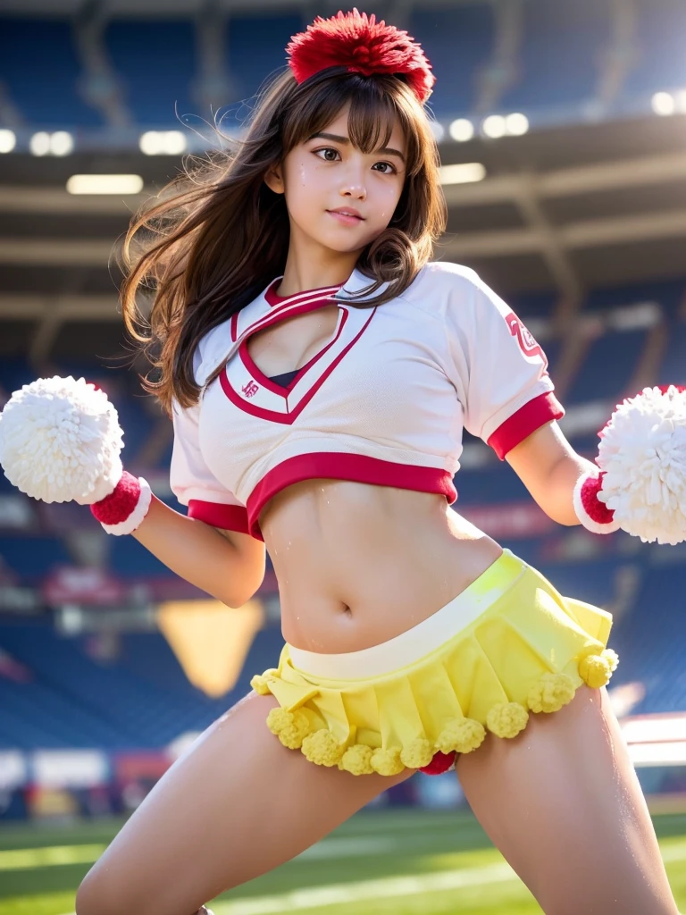 masterpiece, Highest quality, Very detailed, High resolution, (Realistic, photoRealistic:1.37), Excellent anatomy, One beautiful woman, 18-year-old, Height: 152cm, Cheerleader, (Holding a pom-pom in both hands:1.5), A small smile, cheer leading, Cheerleader uniform, (shape), Micro Pleated Mini Skirt, No underwear, ((Very delicate and beautiful)), ((Stadium Background:1.2)), Brown Hair, Long Hair, bangs, Very beautiful face, Cute type, Big Natural Color Lip, Small and cute nose, Big and pretty eyes, Brown eyes, Obvious double, Shiny highlight spots around the eyes, Character Focus, Tilt your head, The best light, Best Shadow, mysterious, Perfect Face, Very detailed, Soft Skin, (Glowing Skin, Sweaty: 1.5), Beautiful feet, Voluptuous thighs, Plump body, Huge breasts, (Expresses the roundness and softness of the chest area.........1), Beautiful body, (The perfect woman), Spread your legs, ((Provocative dynamic pose)), Skirt flip, (Spreading pussy:1.5)