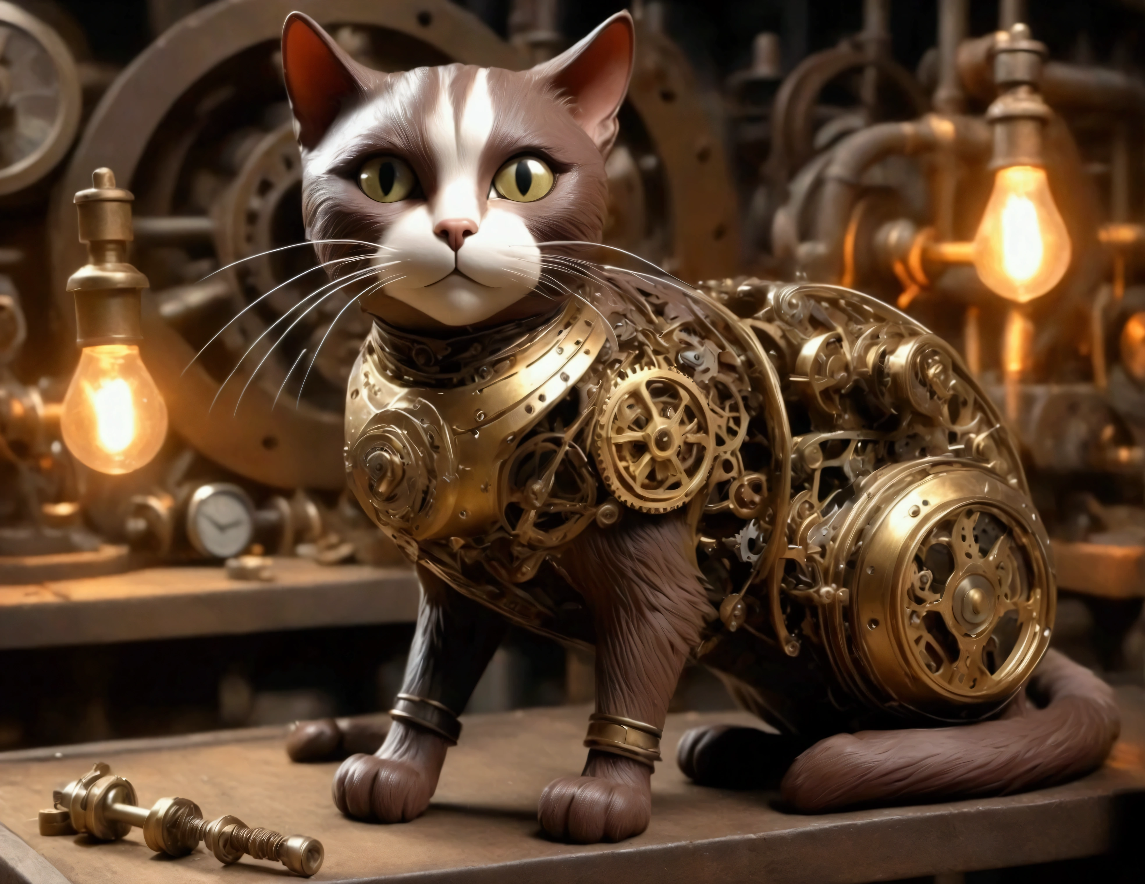 a clockwork cat poses on a table, in a workshop, steampunk, intricate gears, brass mechanisms, vintage, industrial, abandoned workshop, cluttered environment, dimly lit, moody lighting, high quality, photorealistic, (best quality,4k,8k,highres,masterpiece:1.2),ultra-detailed,(realistic,photorealistic,photo-realistic:1.37)
