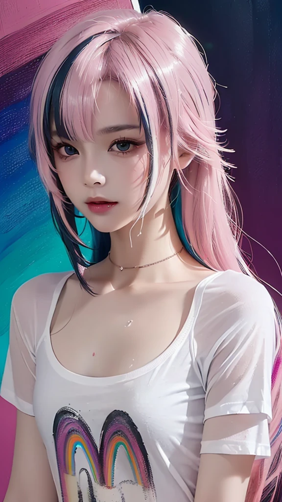 (Pink fashion T-shirt:1.9),(colored hair:1.8),(All colors of the rainbow:1.8),(((vertical painting:1.6)),(:1.6),front,comics,illustration,,big eyes,crystal clear eyes,(Rainbow colored semi-long hair:1.7),exquisite cosmetics,Shut your mouth,(Small fresh:1.5),(Wipe your chest:1.6),long eyelashes,White shoulder T-shirt。,White shoulder sleeve shirt,looking at the audience,blue eyes,(rainbow colour hair:1.6),color splotches,(solo:1.8),color splotches,color splotches,color explosion,Thick lacquer style,Messy lines,((Shiny),(color),(color),(color),(color),color,Thick lacquer style,(color splotches),(color)splash,vertical,Upper body,Paintworksplash,acrylic paint,gradient,Paintwork,Highest image quality,highest quality,masterpiece,solo,depth of field,Topcoat,Colorful clothes,(grace:1.2),gorgeous,lwind, (Elegant: 1.3), (Petals: 1.4)，(((masterpiece))),(((best quality))),((ultra-detailed)),(illustration),(dynamic angle),((floating)),(paint),((disheveled hair)),(solo),(1girl) , (((detailed anima face))),((beautiful detailed face)),collar,bare shoulders,blue hair, ((colorful hair)),((streaked hair)),beautiful detailed eyes,(Gradient color eyes),(((colorful eyes))),(((colorful background))),(((high saturation))),(((surrounded by colorful splashes))),(((colorful background))),(((high saturation))),(((surrounded by colorful splashes))),(((colorful background))),(((high saturation))),(((surrounded by colorful splashes))),