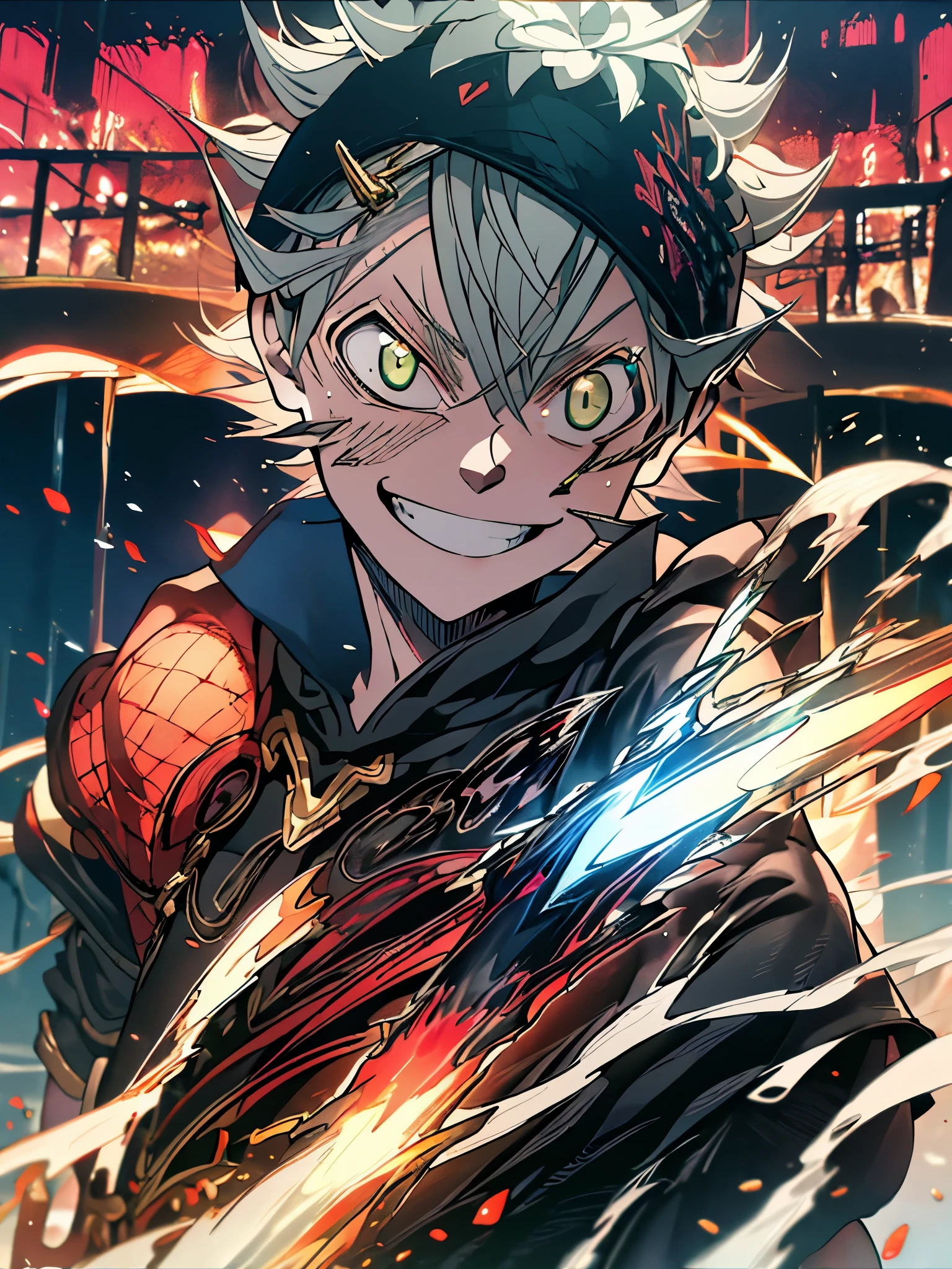 1boy, Asta, gray hair, green eyes, short hair, black hair band, black clothes, Smiling, Focus on the face, Upper body, (((black lightning, red lightning)))