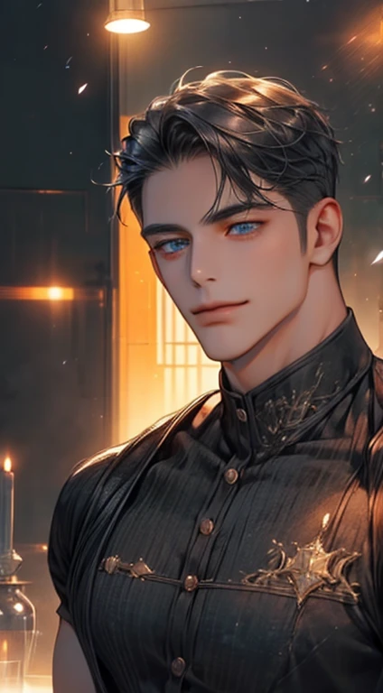 (best quality,4k,8k,highres,masterpiece:1.2),ultra-detailed,(realistic,photorealistic,photo-realistic:1.37),1 man,31 years old,mature man,very handsome,without expression,smile,short grey black hair,blue eyes,penetrating gaze,perfect face without errors,imposing posture,businessman,office background,cinematic lighting,hdr image