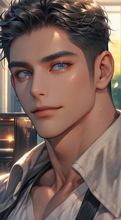 (best quality,4k,8k,highres,masterpiece:1.2),ultra-detailed,(realistic,photorealistic,photo-realistic:1.37),1 man,31 years old,mature man,very handsome,without expression,smile,short grey black hair,blue eyes,penetrating gaze,perfect face without errors,imposing posture,businessman,office background,cinematic lighting,hdr image