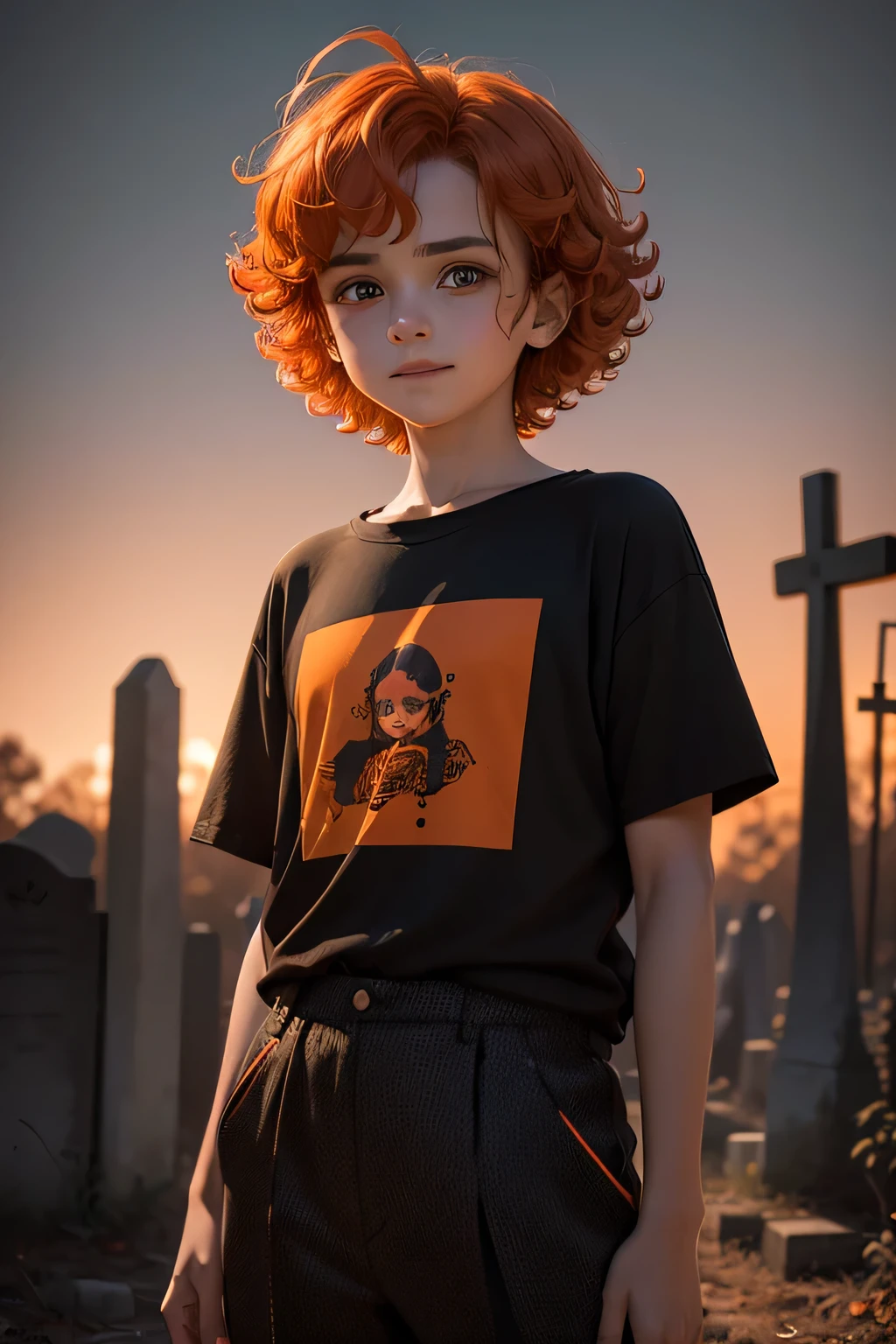 a beautiful 11 year old european androgynous girl, orange curly hair, unique haircut, shy and joyful expression, orange and black halloween pants, oversize Tee-shirt, hyper detailed, photorealistic, 8k, sharp focus, abandoned cemetery background, dramatic lighting, cinematic composition, intricate details, chiaroscuro lighting, warm color palette, gothic aesthetic