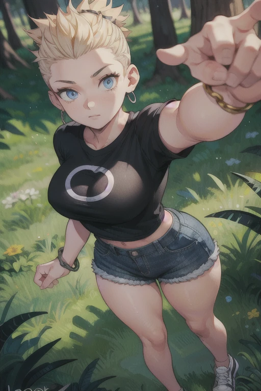 masterpiece, best quality,1 Girl,Young Girls, lapis lazuli_blue eyes, Ash Gold, Frohawk,Worry _Face,Glowing skin,Large Breasts,Beautiful leg lines:1.3,Thick thighs, Thin waist,, Black_denim_shorts, Black_Image_t-shirt, White_sports shoes, Layering_chain_项chain, , one_outdoor_area_filling_and_High target_pine_Trees,,Looking at the audience,from above:1.2,Hook of Holland