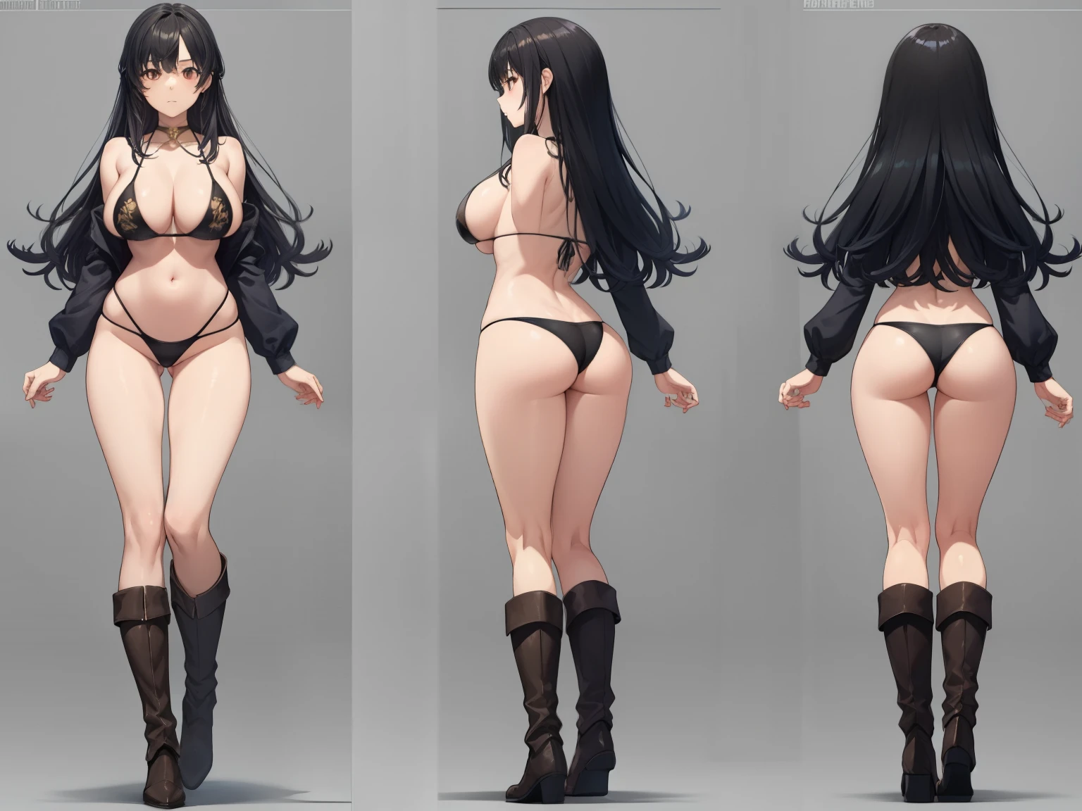 human girl adult woman, very tall with long black hair, long legs, big breasts, brown eyes, bikini armor, high boots, 8k, hd, masterpiece, full body, white background, character design in various perspectives, front, back, 3/4, profiles