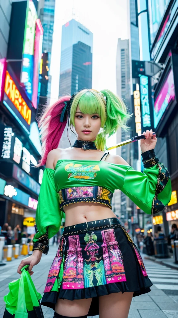 masterpiece, Highest quality, Wear unique Harajuku style clothing,The mint green colour stands out,Bold colors and patterns, Eye-catching accessories, Trendy and innovative hairstyles, Bright makeup, Dazzling cyberpunk cityscapes, Skyscraper, Neon Signs, LED Light, Bright and vivid color scheme, anime, shape, Fine skin, High quality fabric, Intricate details, Very detailed,Low - Angle, whole body, vision(avert your eyes:1.4),Dynamic pose、Hand holding a sword、With a sword in hand.