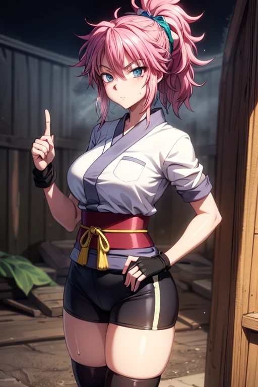 masterpiece, Highest quality,  Unreal Engine,  Super Resolution, Very detailed, 

Beautiful woman, machi, short kimono, obi, sash, fingerless gloves, bike shorts, socks,thighhighs,or, ponytail,hair_ornament, Vivid expression, Healthy Body, Smooth skin texture, Carefully drawn, 

(humidity:1.5), Beautiful Eyes, (Attractive face:1.2), (Beautiful Skin), Tight waist, (Big Breasts), (Sticky with sweat), Dynamic pose, 

In the world of Hunter Hunter, Outdoor, Slums at night,