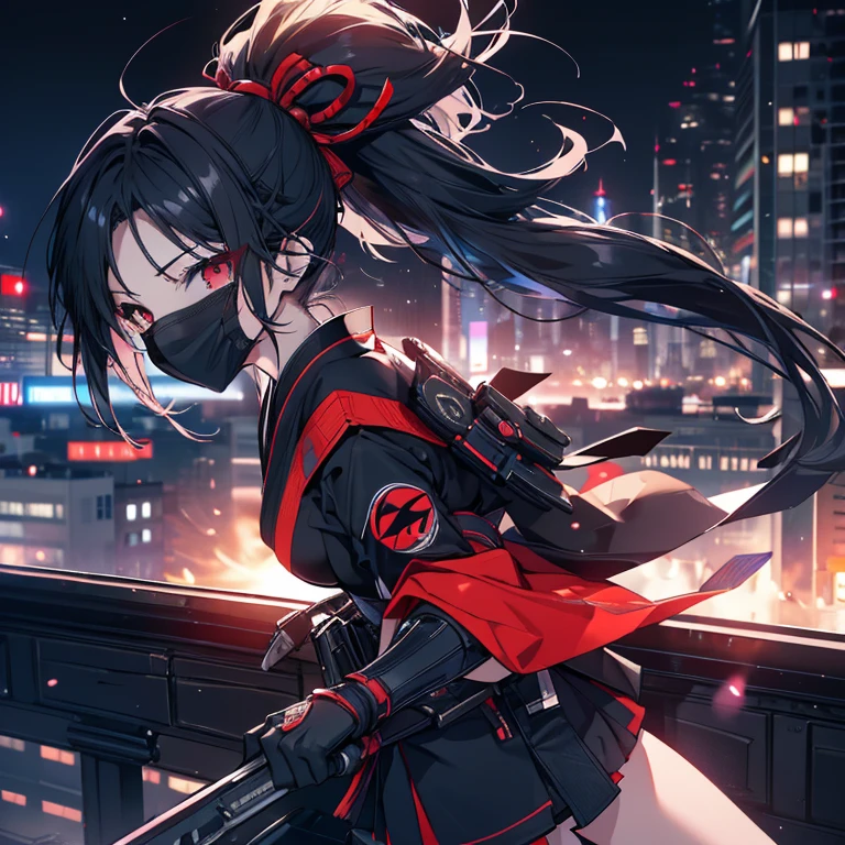 1 girl、Mature、Ample breasts、Long Hair、Red eyes ponytail、High Ponytail、Ninja、Armament、kimono、Shoulder Bare、Miniskirt、Arm Covers、Pointed handbag、I don't want、Ninja、Black Mask、Battle Scenes、cool、Downtown、Night view、Rooftop、High resolution、Highest quality