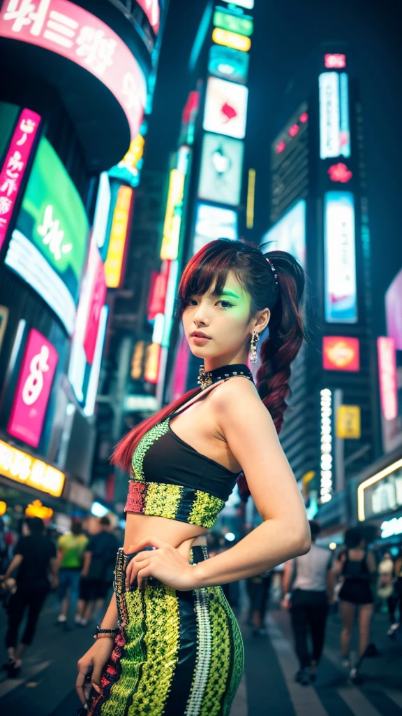 masterpiece, Highest quality, Wear unique Harajuku style clothing,The mint green colour stands out,Bold colors and patterns, Eye-catching accessories, Trendy and innovative hairstyles, Bright makeup, Dazzling cyberpunk cityscapes, Skyscraper, Neon Signs, LED Light, Bright and vivid color scheme, anime, shape, Fine skin, High quality fabric, Intricate details, Very detailed,Low - Angle, whole body, vision(avert your eyes:1.4),Dynamic pose、Hand holding a sword、With a sword in hand.