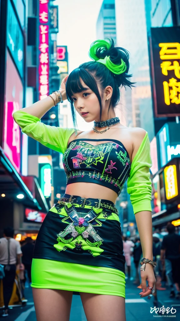 masterpiece, Highest quality, Wear unique Harajuku style clothing,The mint green colour stands out,Bold colors and patterns, Eye-catching accessories, Trendy and innovative hairstyles, Bright makeup, Dazzling cyberpunk cityscapes, Skyscraper, Neon Signs, LED Light, Bright and vivid color scheme, anime, shape, Fine skin, High quality fabric, Intricate details, Very detailed,Low - Angle, whole body, vision(avert your eyes:1.4),Dynamic pose、Hand holding a sword、With a sword in hand.