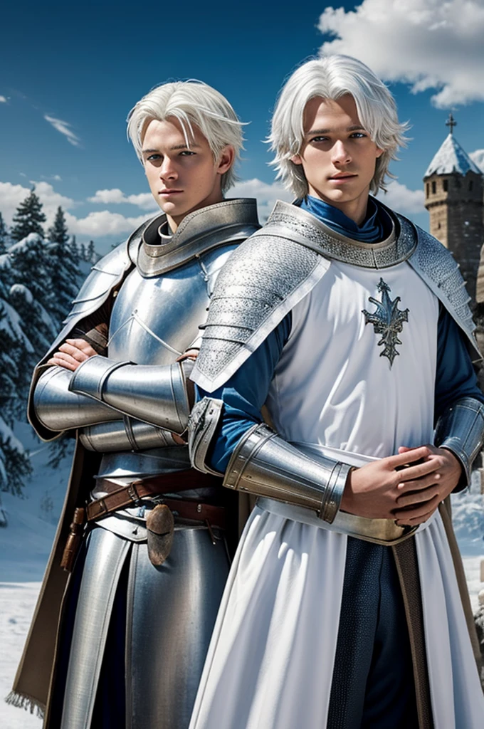 Create me a medieval like portrait of a Knight in a white cloak with white hair and blue eyes with his companion Griffin by his side and his age is in between 15 and 16