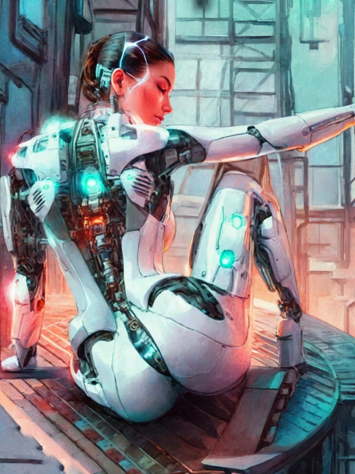 futuristic woman sitting on a platform with a futuristic robot in the background, cyborg - girl, cyborg girl, beautiful cyborg girl pinup, beutiful white girl cyborg, beutiful girl cyborg, cyborg woman, retrofuturistic female android, perfect cyborg female, cute cyborg girl, young lady cyborg, a cyborg meditating, pregnant female cyborg, cybernetic body