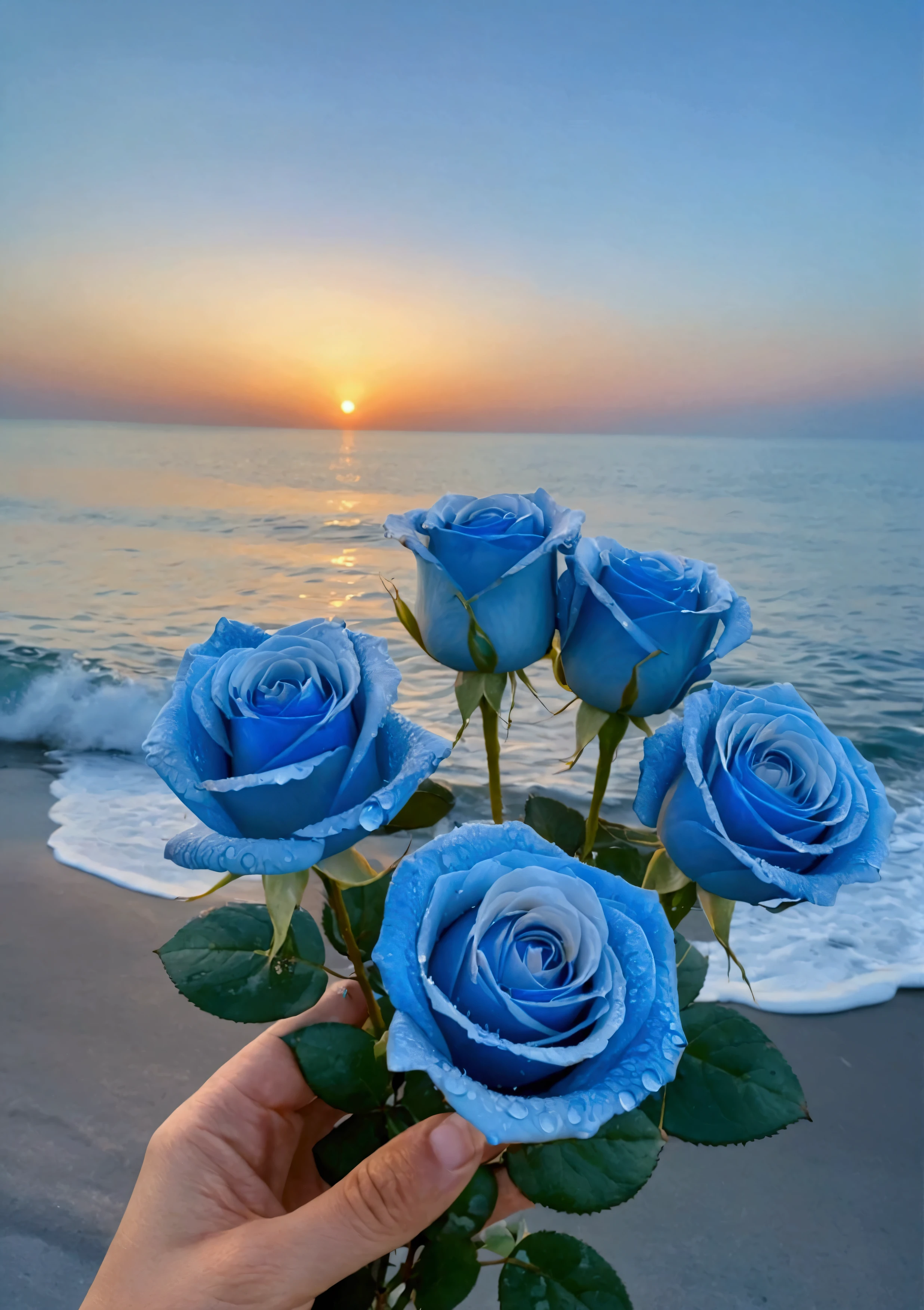 Holding a bunch of light blue gradient roses in my hand, there are many small water droplets on them，Background is seaside，The sky is a flaming sunset，best quality, high resolution，masterpiece，High Detail，16K
