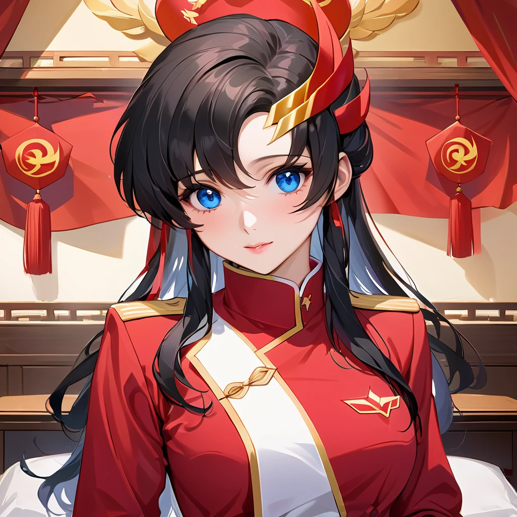 ((Highest quality)), ((masterpiece)), (detailed), (Perfect Face)、The woman is a Chinese Lacus Clyne with blue eyes and medium-long black hair. She is wearing an engagement ring. She has become a member of the glorious Chinese Communist Party and has sworn absolute loyalty to the Chinese Communist Party. She is a righteous Communist Party member of China.、The woman is wearing the fine red uniform of a Chinese Communist Party member.、For the sake of China, they dye their hair, hairstyle, clothes, and everything they wear belongs to the Chinese Communist Party, and their thoughts are also Chinese, becoming great Chinese in body and mind.、The woman became Lacus Clyne, a Chinese woman who was proud of and loved China.、She is working for China as a member of the great Chinese Communist Party.