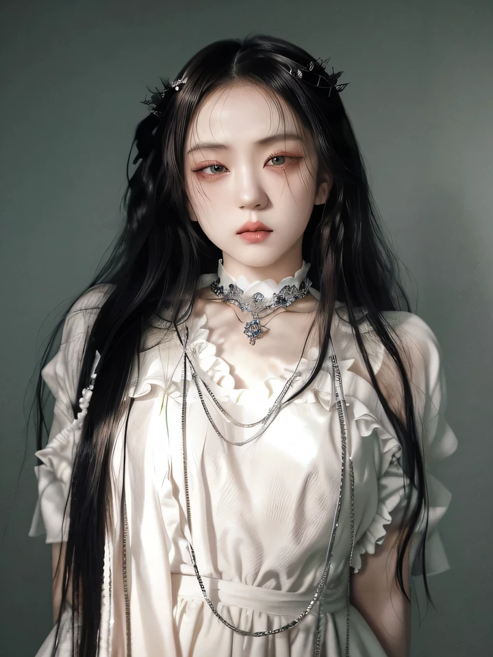 Arafed woman with long black hair and silver dress., cruel korean gothic girl, Araki Nobuyoshi, 1 7 year old gothic girl, pale gothic beauty, yakuza slim girl, basia tran, pale porcelain white skin, Araki Nobuyoshi, very beautiful gothic top model, gloomy model looking up, wearing choker