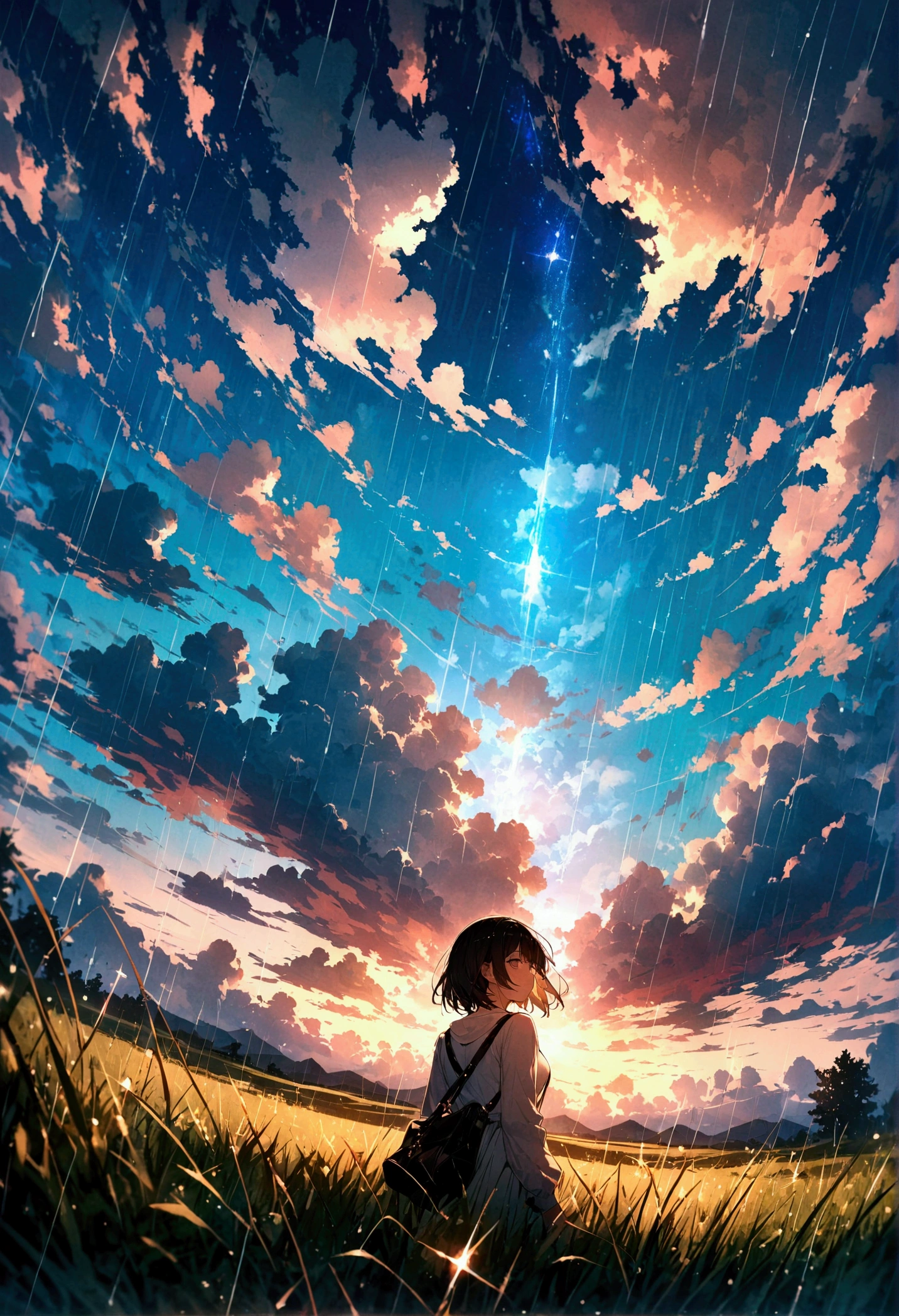 short hair,Beautiful sky, Beautiful Clouds, rain,grassland,(Crystal clear rain sparkles in the sky), masterpiece,High resolution,Wide-angle lens