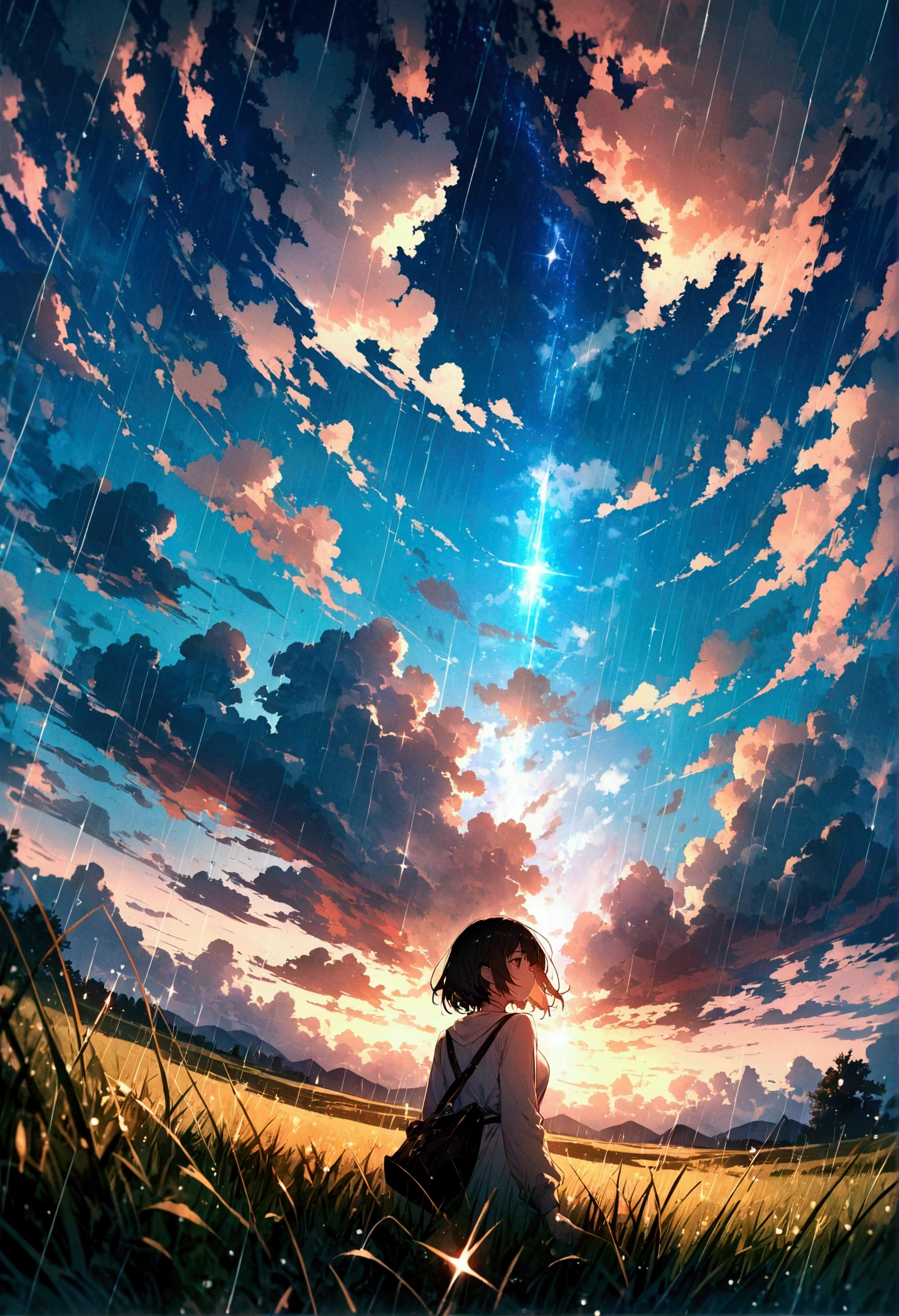 short hair,Beautiful sky, Beautiful Clouds, rain,grassland,(Crystal clear rain sparkles in the sky), masterpiece,High resolution,Wide-angle lens