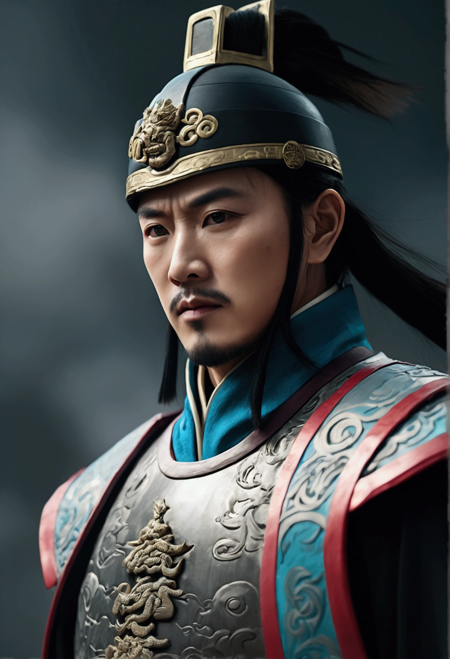 Bust of an ancient Chinese general on the battlefield，The armor is broken, Starry sky and fog cover the landscape.Rich historical background. (Highest quality,4K,8k,High resolution,masterpiece:1.2), Very detailed, (Realistic,Realistic,Photorealistic:1.37), High resolution, Hyper HD, Studio Lighting, Ultra-fine painting, Sharp focus, Physically Based Rendering, Very detailed説明, Professional, Vibrant colors, Bokeh, Sports Late, Ancient War Landscapes, Traditional Chinese Painting Techniques, Atmospheric lighting, Dynamic Pose, Complex combat scenarios, Vivid color contrast, Visually stunning composition, Ethereal atmosphere, heroism. Black and White