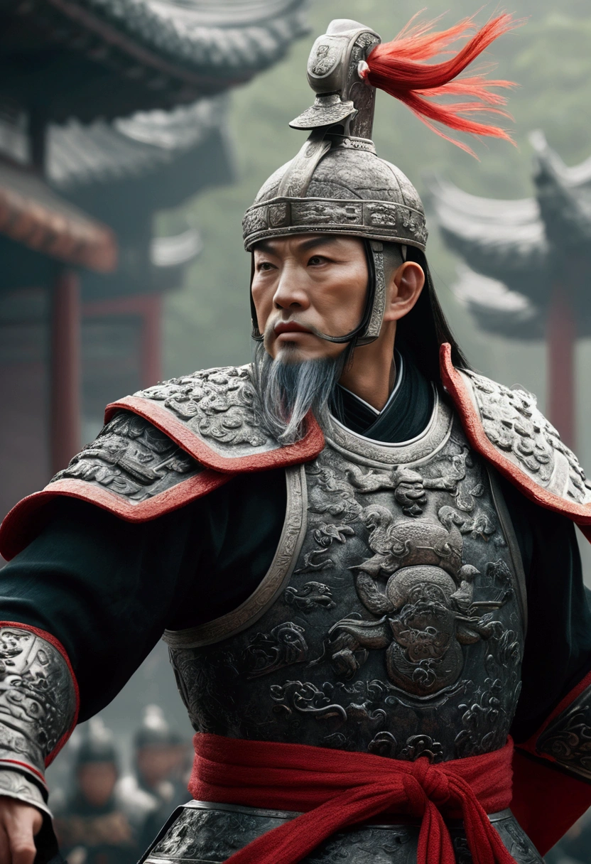Bust of an ancient Chinese general on the battlefield,The armor is broken, Starry sky and fog cover the landscape.Rich historical background. (Highest quality,4K,8k,High resolution,masterpiece:1.2), Very detailed, (Realistic,Realistic,Photorealistic:1.37), High resolution, Hyper HD, Studio Lighting, Ultra-fine painting, Sharp focus, Physically Based Rendering, Very detailed説明, Professional, Vibrant colors, Bokeh, Sports Late, Ancient War Landscapes, Traditional Chinese Painting Techniques, Atmospheric lighting, Dynamic Pose, Complex combat scenarios, Vivid color contrast, Visually stunning composition, Ethereal atmosphere, heroism. Black and White
