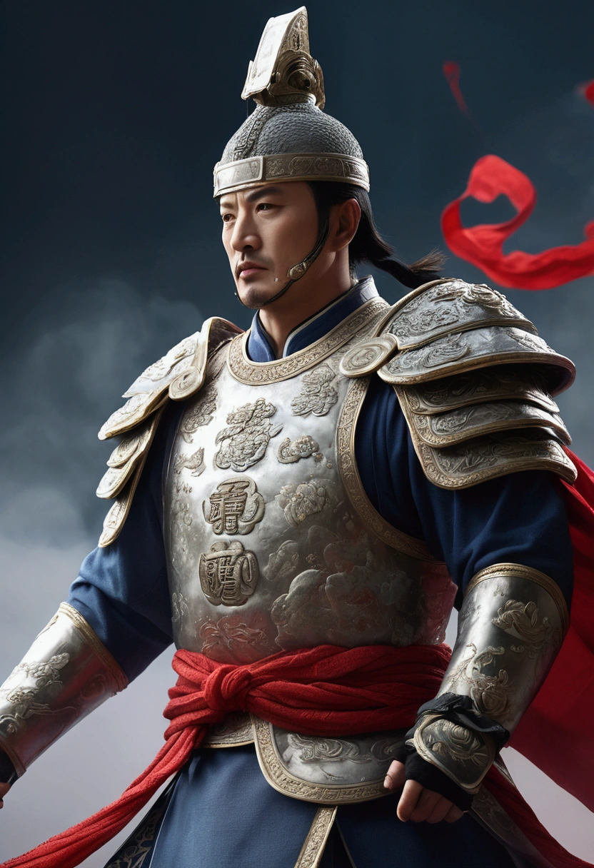 Bust of an ancient Chinese general on the battlefield,The armor is broken, Starry sky and fog cover the landscape.Rich historical background. (Highest quality,4K,8k,High resolution,masterpiece:1.2), Very detailed, (Realistic,Realistic,Photorealistic:1.37), High resolution, Hyper HD, Studio Lighting, Ultra-fine painting, Sharp focus, Physically Based Rendering, Very detailed説明, Professional, Vibrant colors, Bokeh, Sports Late, Ancient War Landscapes, Traditional Chinese Painting Techniques, Atmospheric lighting, Dynamic Pose, Complex combat scenarios, Vivid color contrast, Visually stunning composition, Ethereal atmosphere, heroism. Black and White