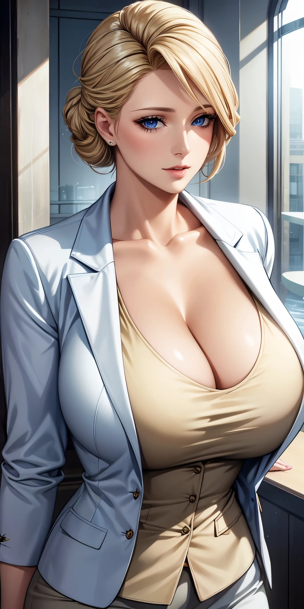 Elegant mature woman, blue eyes, blonde hair, soft light, 4k resolution, high quality, beautiful cg