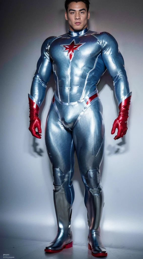 (realistic,hyper-detailed,8k,DC comic superhero,Captain Atom,captainatom),
(silver suit,silversuit),
(red gloves,redgloves),
(red boots,redboots)